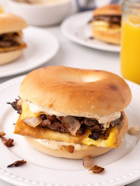 Copycat McDonald's Steak Breakfast Bagel on a plate