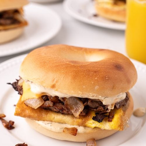 Copycat McDonald's Steak Breakfast Bagel on a plate