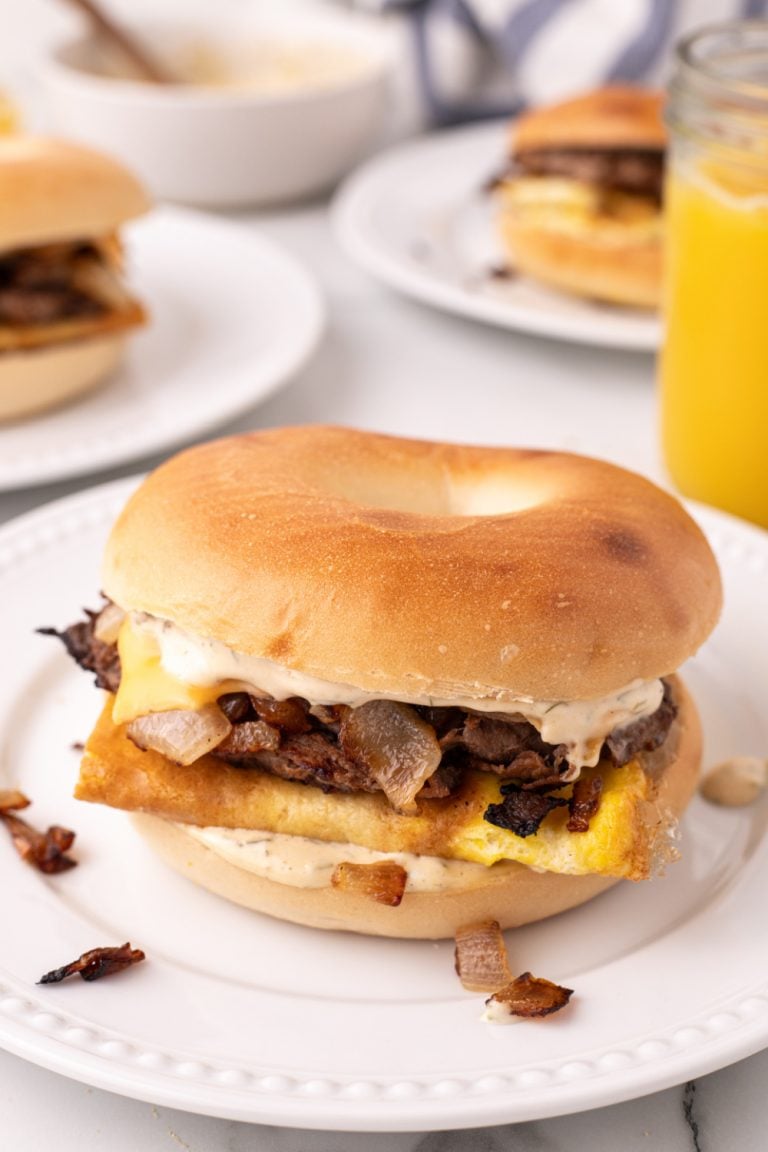 Copycat McDonald's Steak Breakfast Bagel on a plate