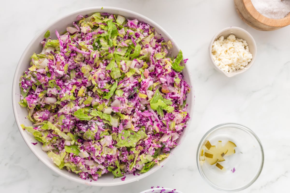 dilll pickle salad in a bowl