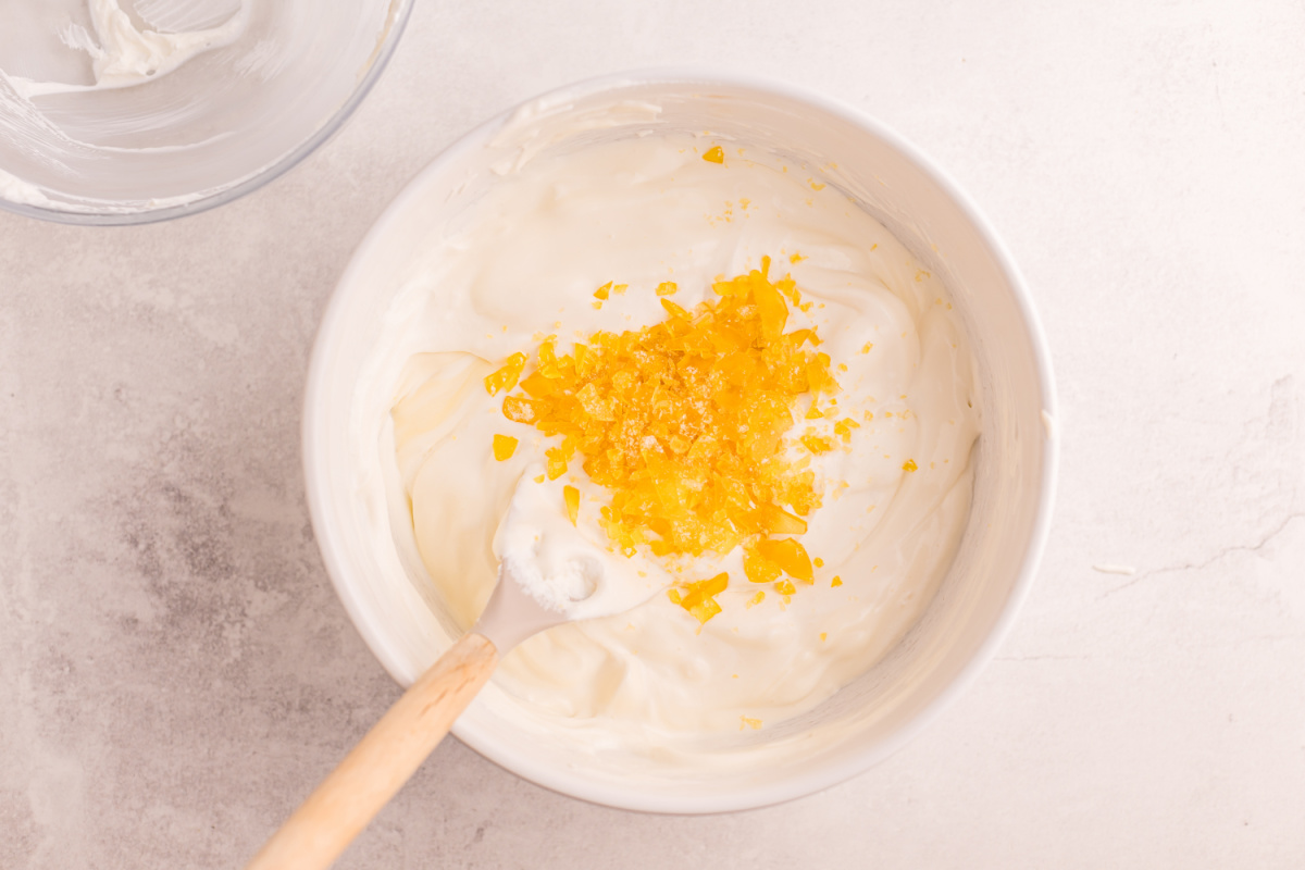 caramelized sugar bits added to bowl