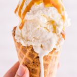 Homemade No Churn Creme Brulee Ice Cream in a cone