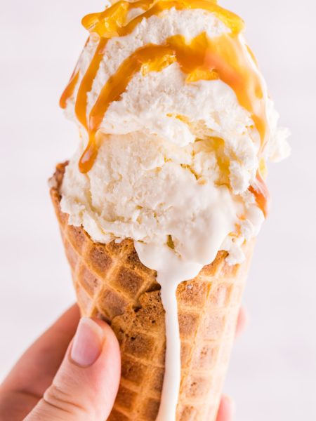 Homemade No Churn Creme Brulee Ice Cream in a cone