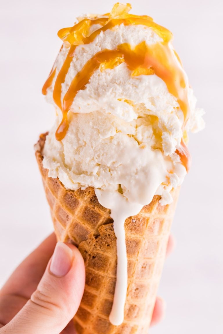 Homemade No Churn Creme Brulee Ice Cream in a cone