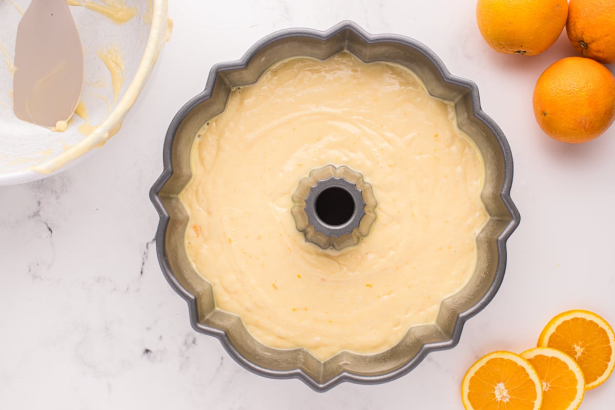 batter added to bundt pan