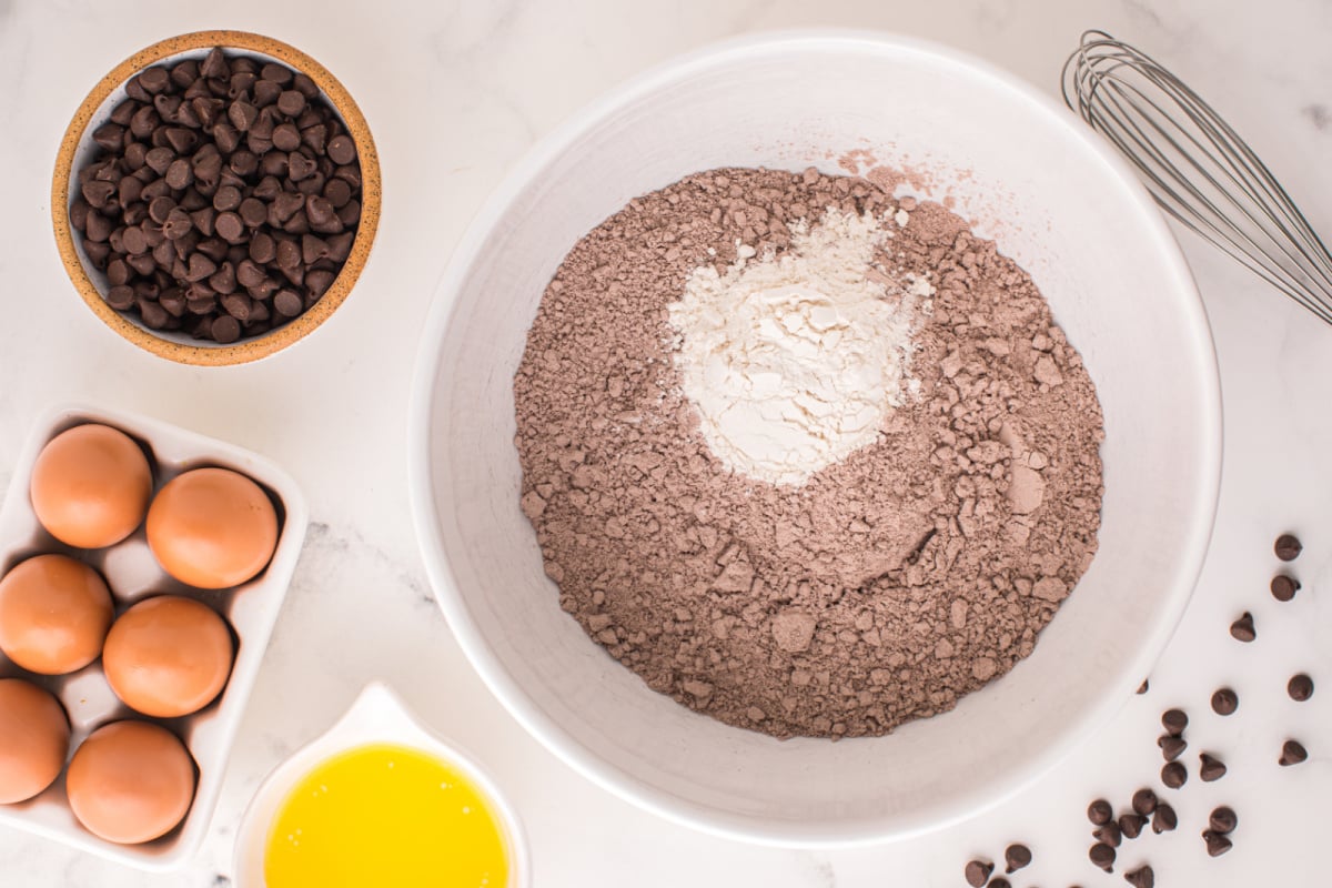 brownie mix and flour in a bowl