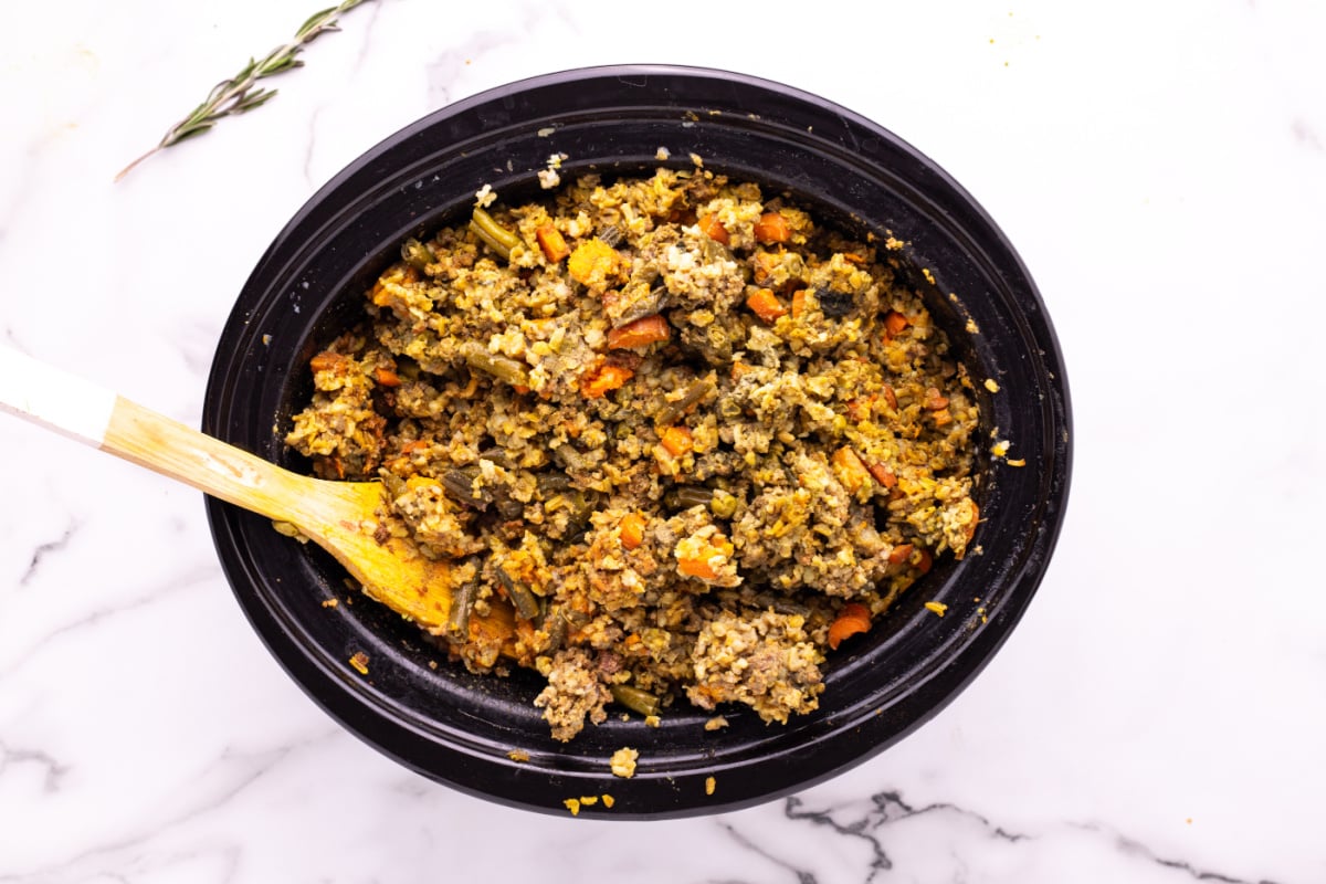 cooked Homemade Slow Cooker Dog food in a crockpot