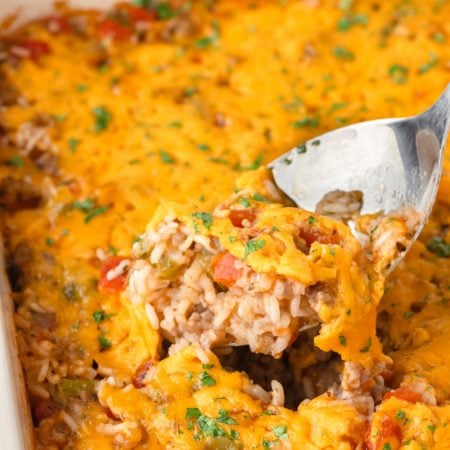 Easy Sausage and Rice Casserole in a baking dish