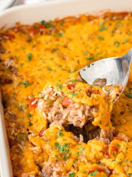Easy Sausage and Rice Casserole in a baking dish