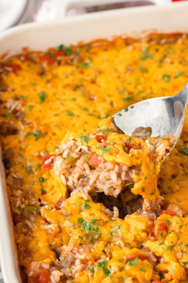 Easy Sausage and Rice Casserole in a baking dish