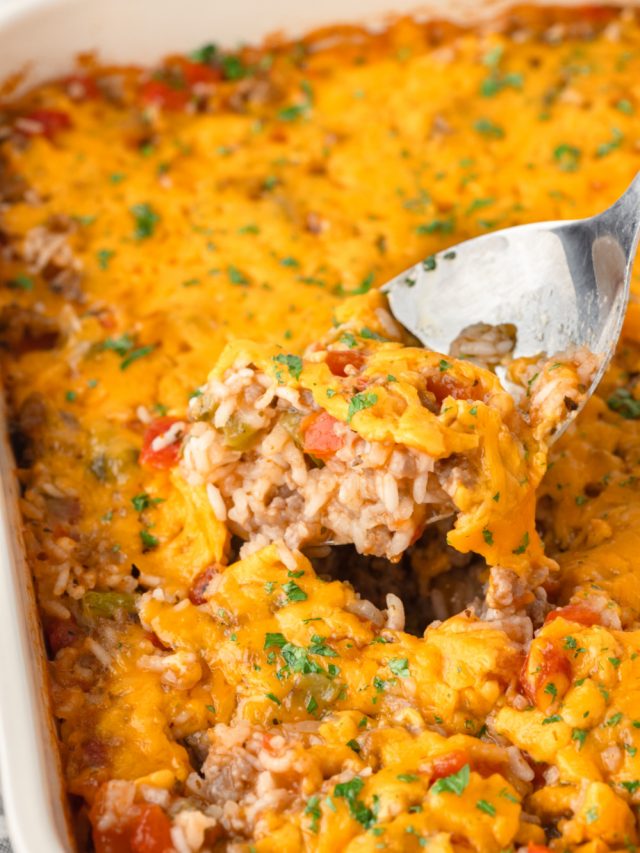 Easy Sausage and Rice Casserole in a baking dish