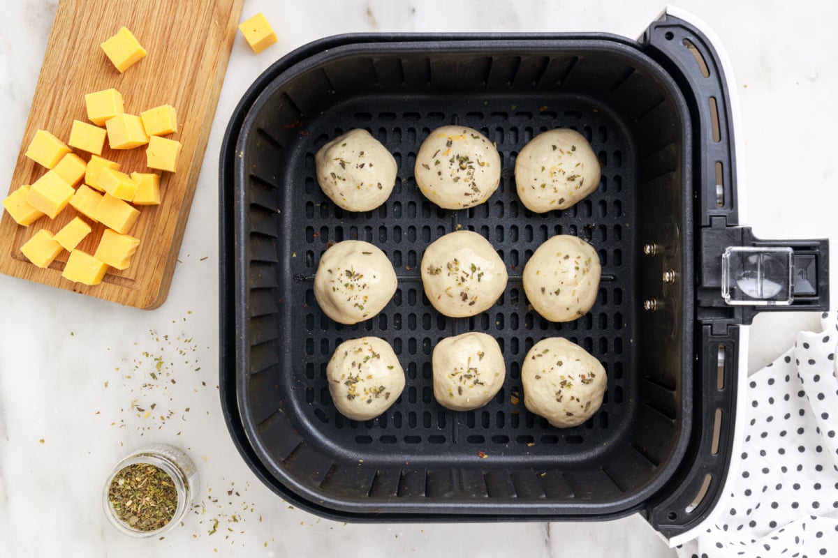 Air Fryer Ham and Cheese Biscuit Bombs in air fryer