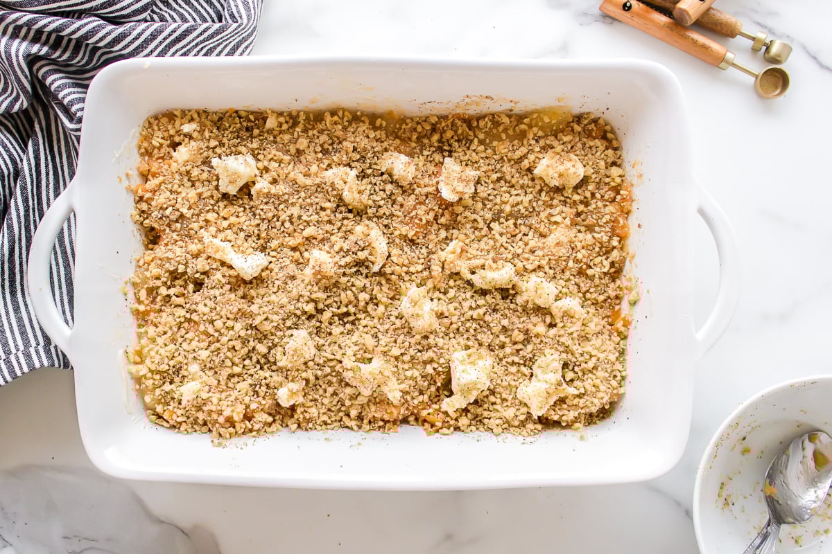 nut topped added to baking dish