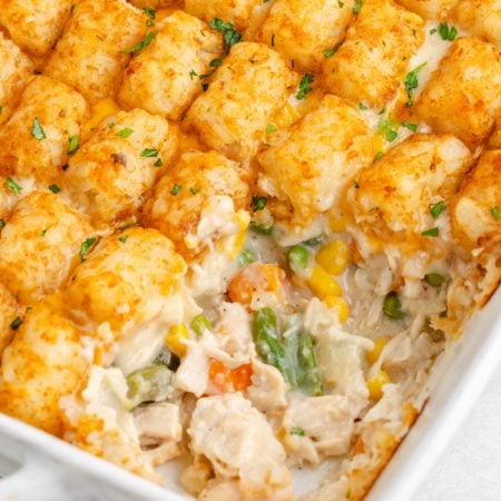 Tater Tot Chicken Pot Pie in a baking dish