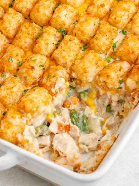 Tater Tot Chicken Pot Pie in a baking dish