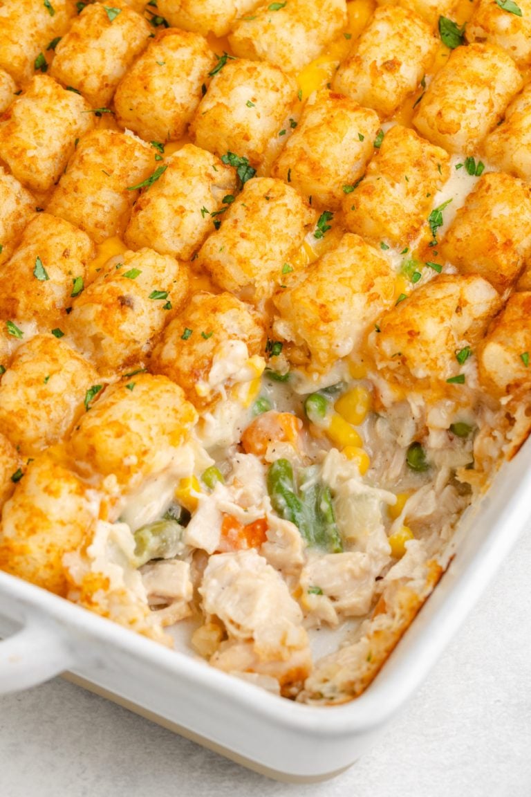 Tater Tot Chicken Pot Pie in a baking dish