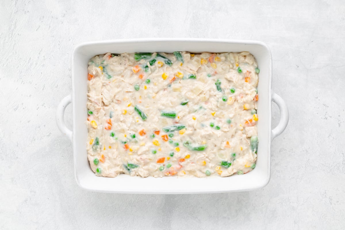 pot pie mixture in baking dish