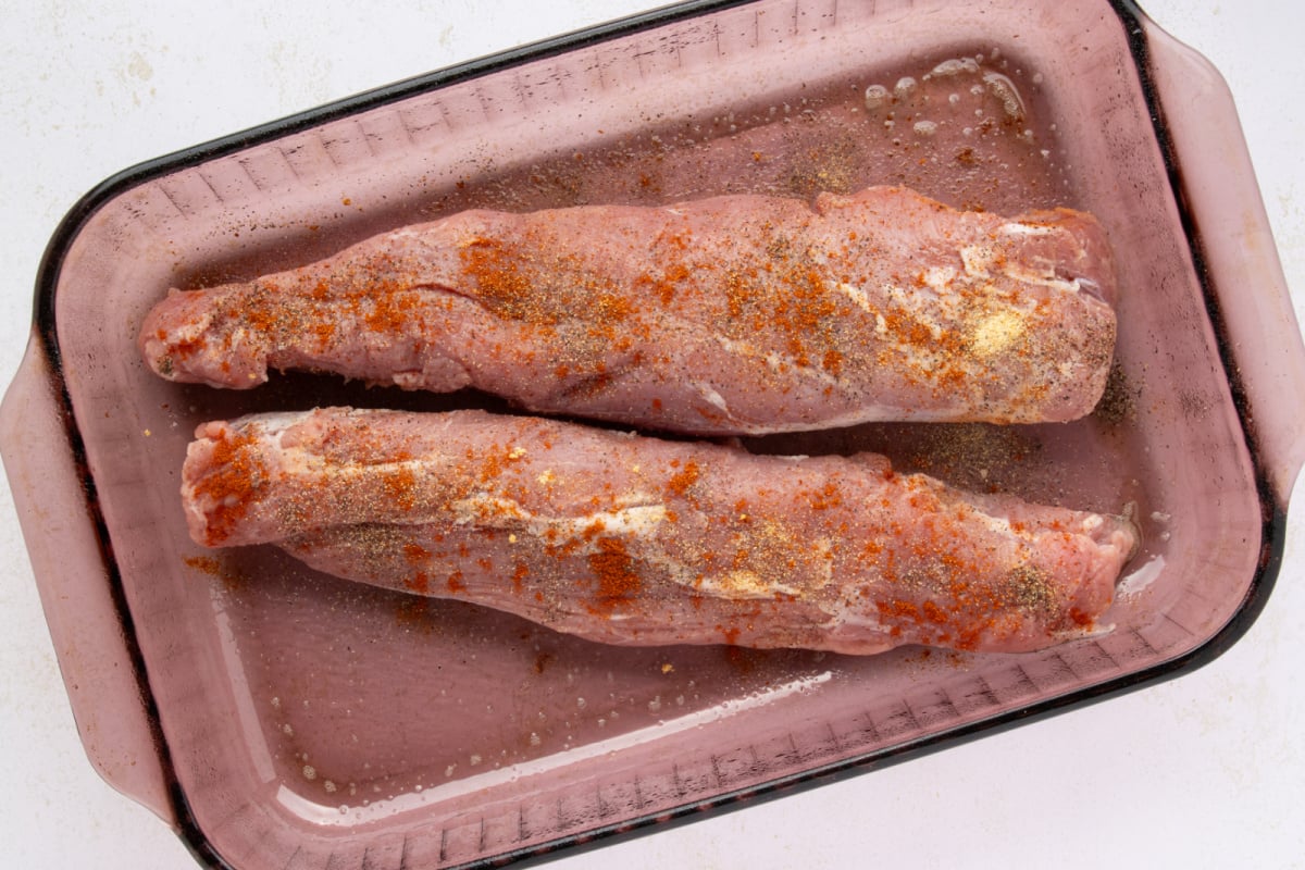 Pork Loins in baking dish with seasoning