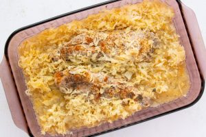 Classic Pork Loin and Sauerkraut in a baking dish
