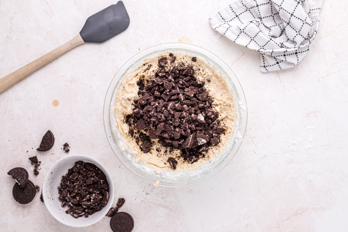 cookie crumbles added to bowl