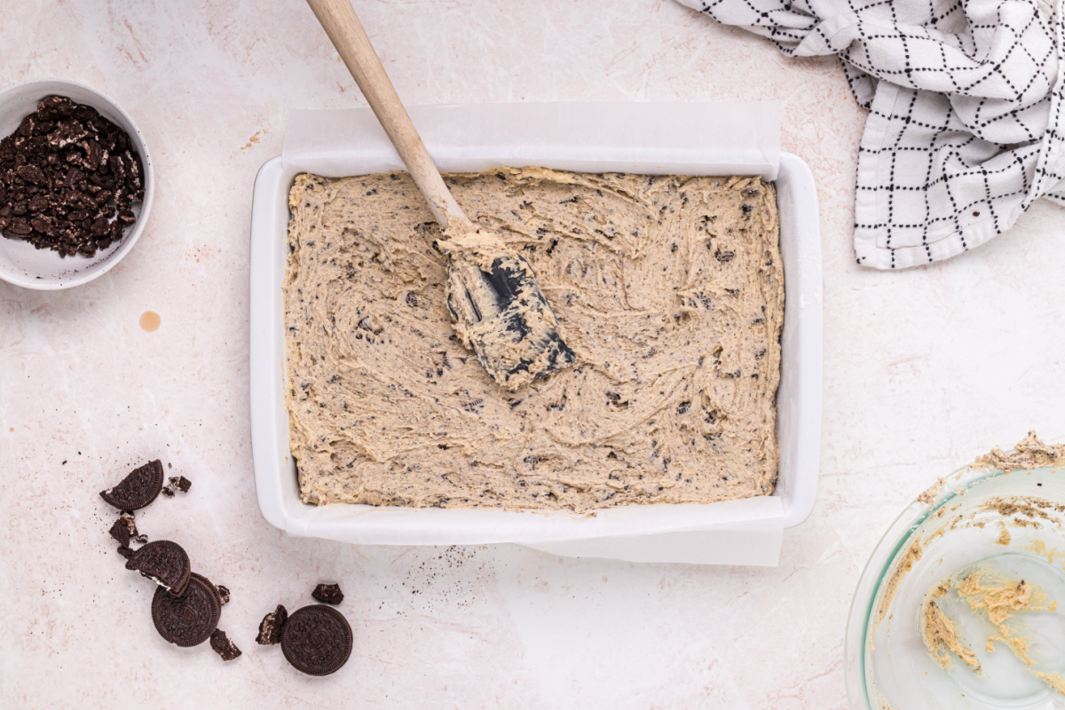 blondie batter placed in baking dish