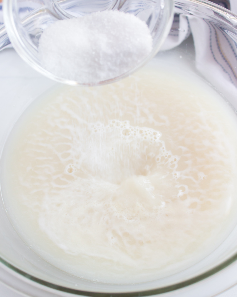 salt and sugar added to bowl
