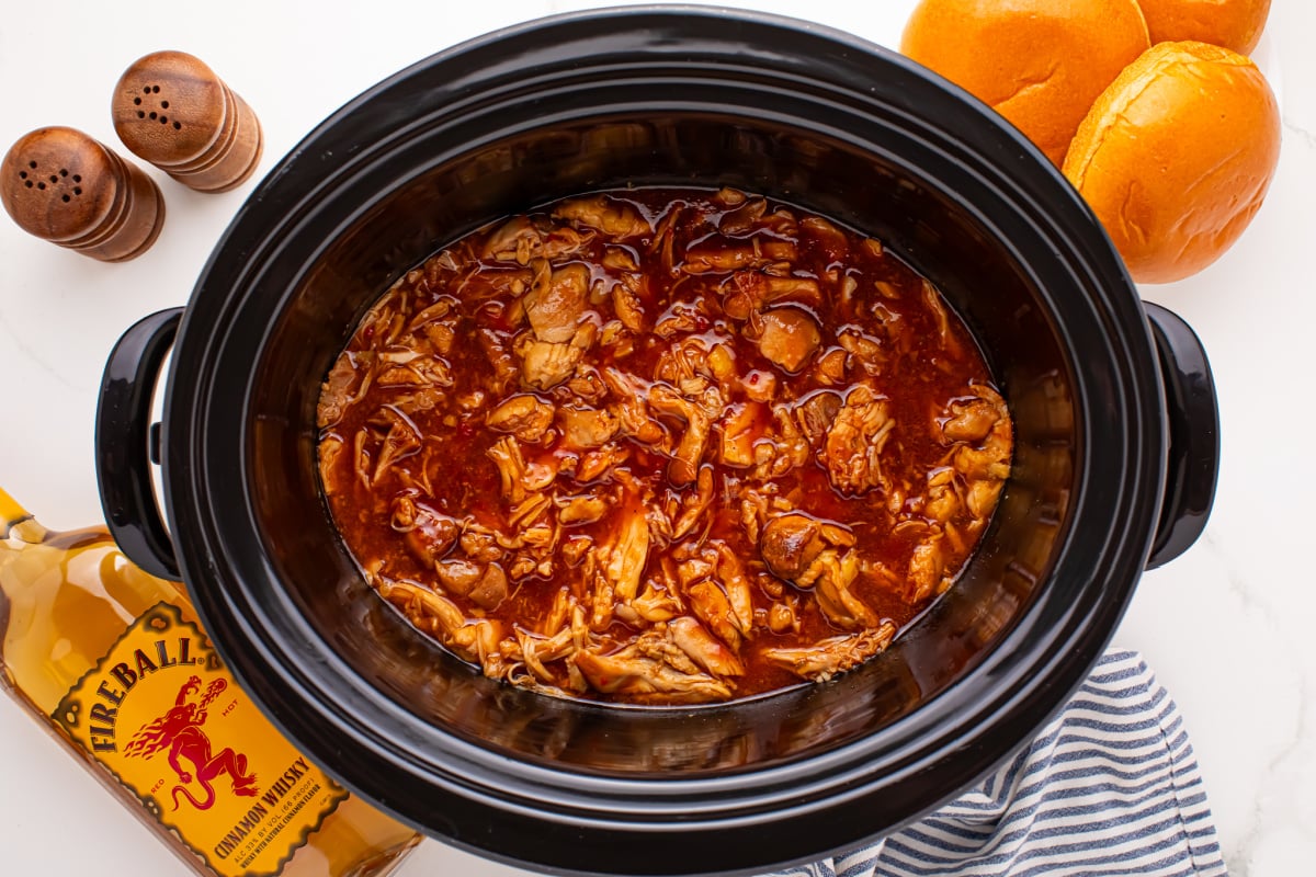 Slow Cooker Fireball BBQ Pulled Chicken in crockpot