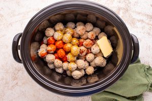 ingredients for Slow Cooker Hot Honey Meatballs in a crockpot