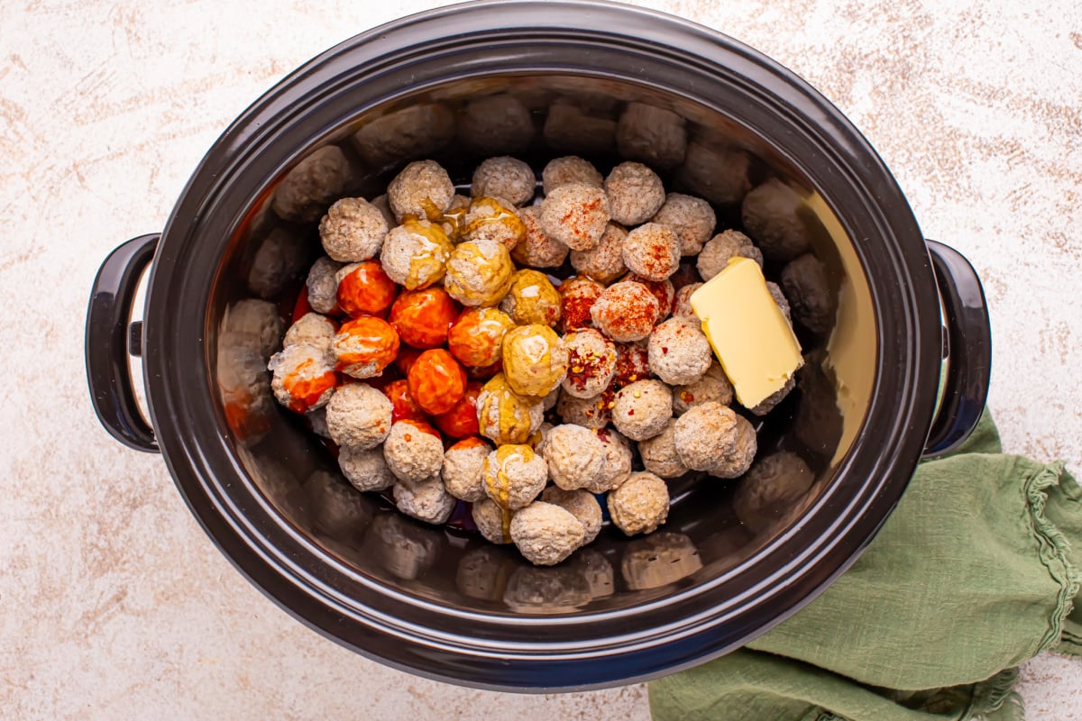 ingredients for Slow Cooker Hot Honey Meatballs in a crockpot 