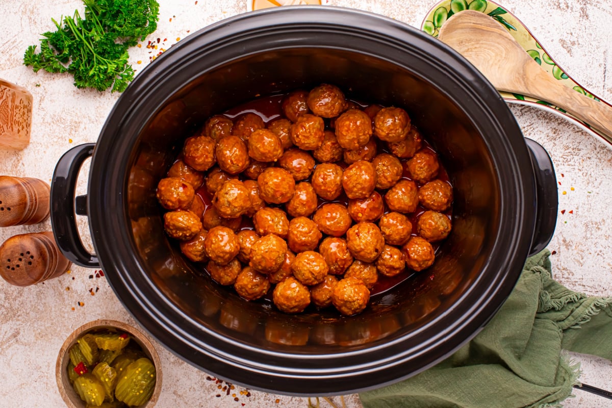 cooked Slow Cooker Hot Honey Meatballs in a crockpot