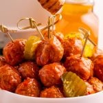 Slow Cooker Hot Honey Meatballs in a bowl