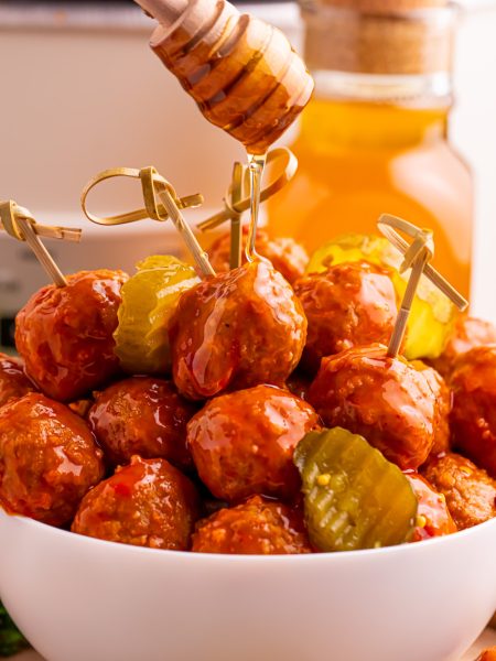 Slow Cooker Hot Honey Meatballs in a bowl