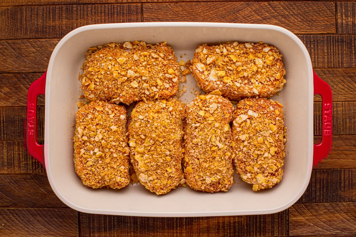ritz pork chops in a baking dish