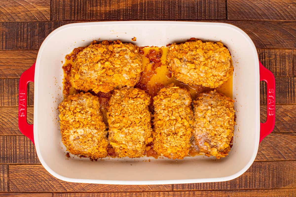 baked pork chops in baking dish