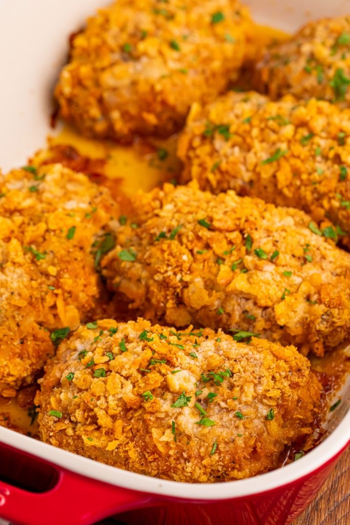 Baked Ritz Pork Chops in a baking dish