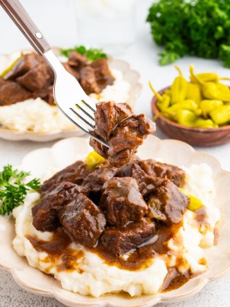 slow cooker mississippi steak bites on a plate