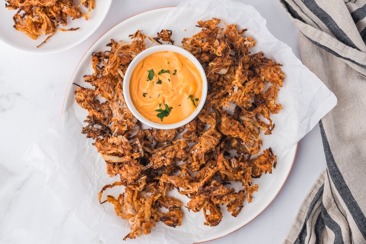 Air Fryer Onion Strings on a plate with dipping sauce
