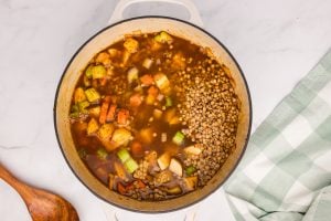 lentils and vegetable broth added to the pan