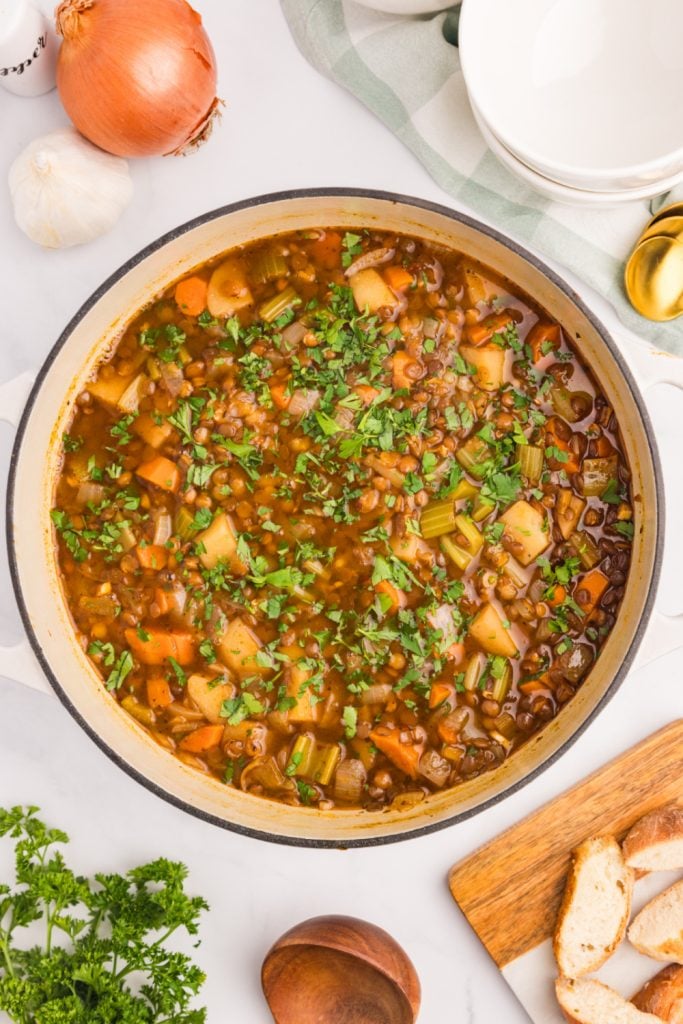 Easy Lentil Potato Soup in a soup pot
