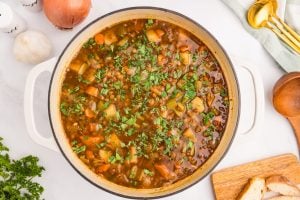 Easy Lentil Potato Soup in a soup pot