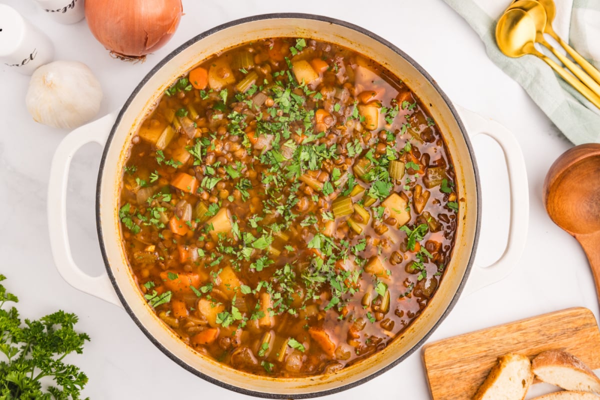 Easy Lentil Potato Soup in a soup pot