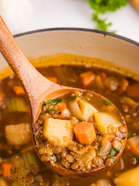 Easy Lentil Potato Soup in a pot with a ladle