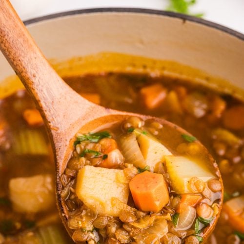 Easy Lentil Potato Soup in a pot with a ladle