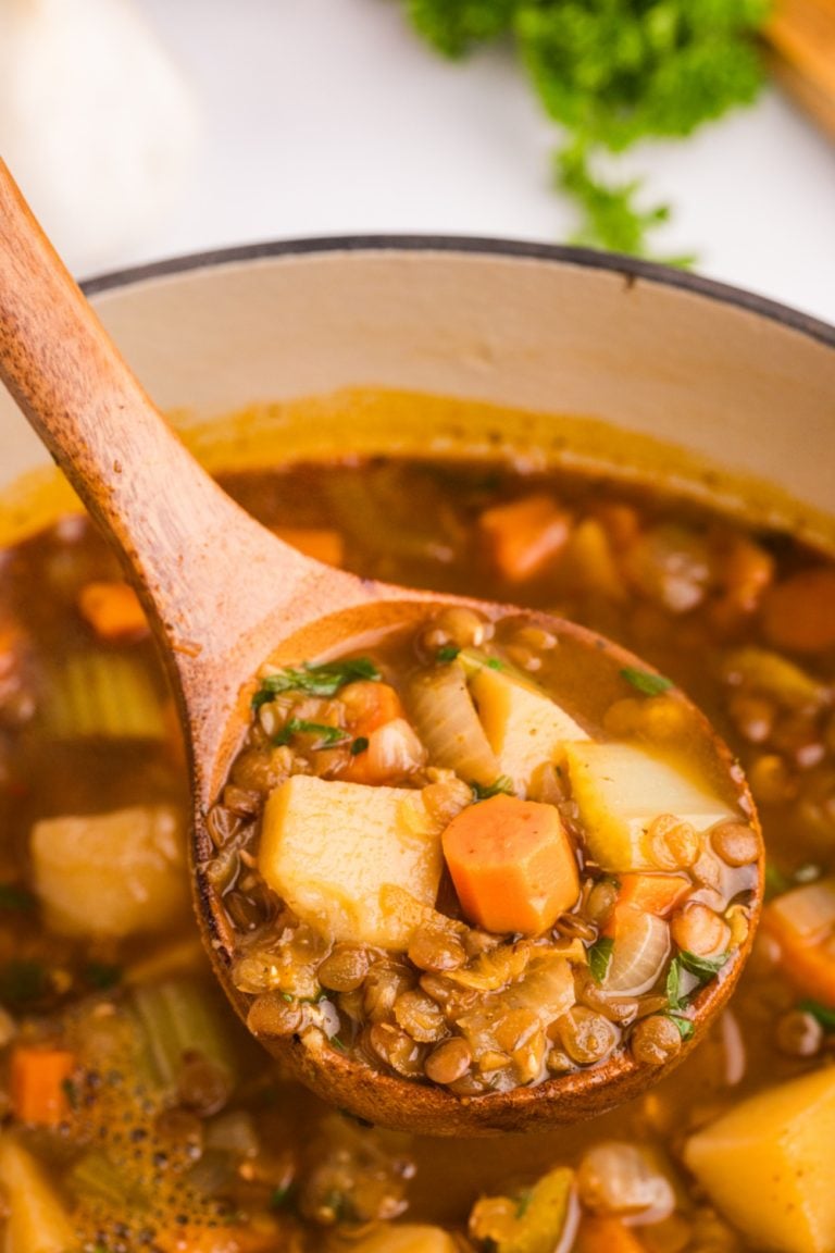 Easy Lentil Potato Soup in a pot with a ladle