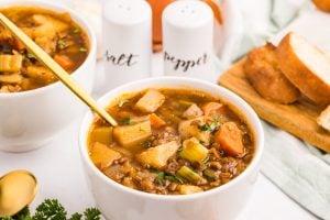 Easy Lentil Potato Soup in soup bowls