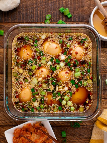 Marinated Soy Eggs in a glass container