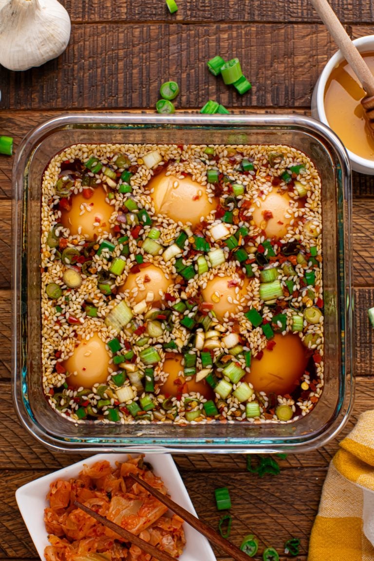 Marinated Soy Eggs in a glass container