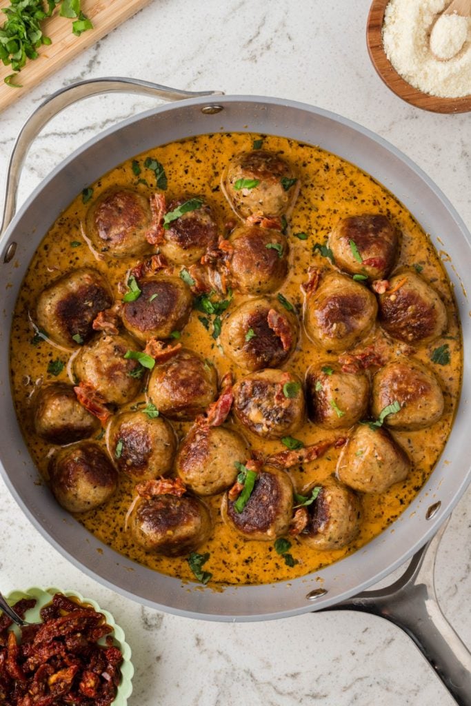 Marry Me Chicken Meatballs in a pan