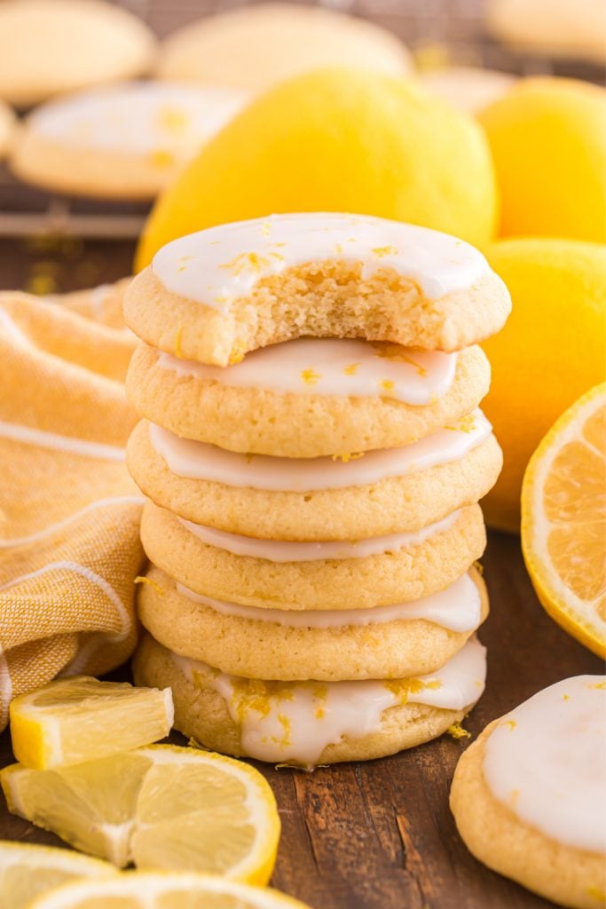 Soft and Chewy Lemon Cookies stacked