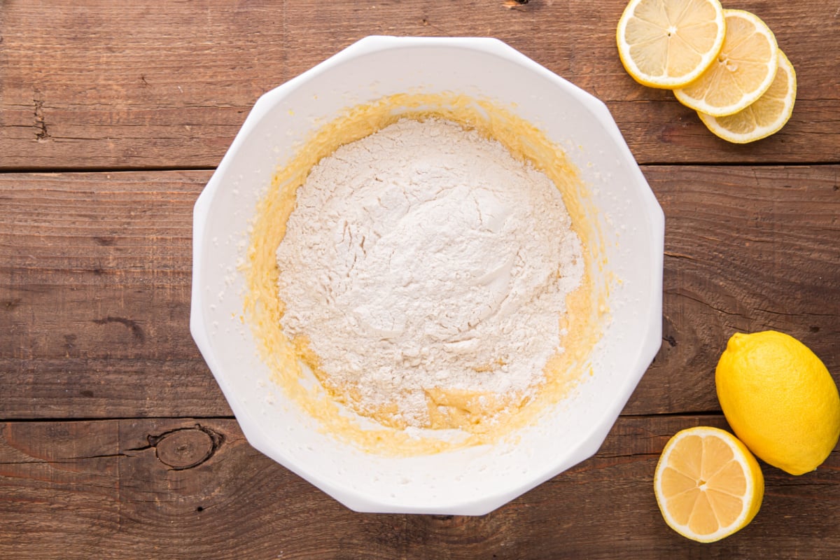 flour mixture added to bowl